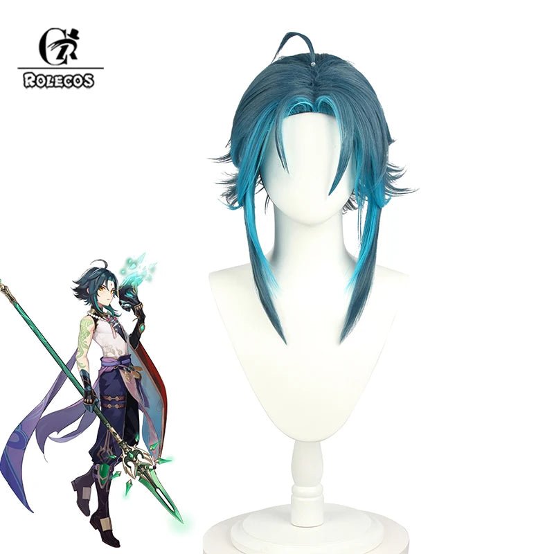Peruca Xiao Cosplay Genshin Impact - Peruca Curta 40cm Azul Misturado Cabelo Sintético Resistente ao Calor - Estrela Cosplay