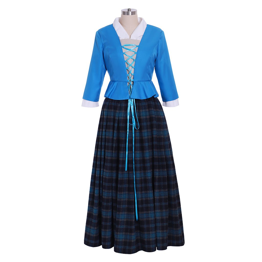 Traje de Cosplay Claire Outlander | Vestido Escocês de Alta Costura com Bodice Azul e Saia Xadrez - Estrela Cosplay