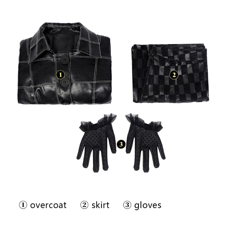 Fantasia Cruella Deville Halloween Mulher Vestido com Jaqueta de Couro Preta e Peruca - Estrela Cosplay