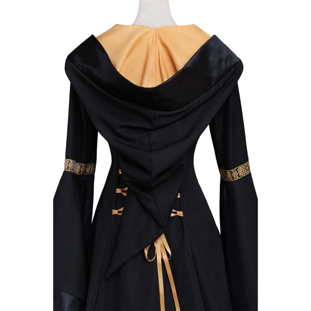 Vestido Longo Gótico Renascentista com Capuz Preto para Mulheres - Fantasia Halloween, Baile Medieval, Traje de Rainha Gótica - Feito Sob Medida - Estrela Cosplay
