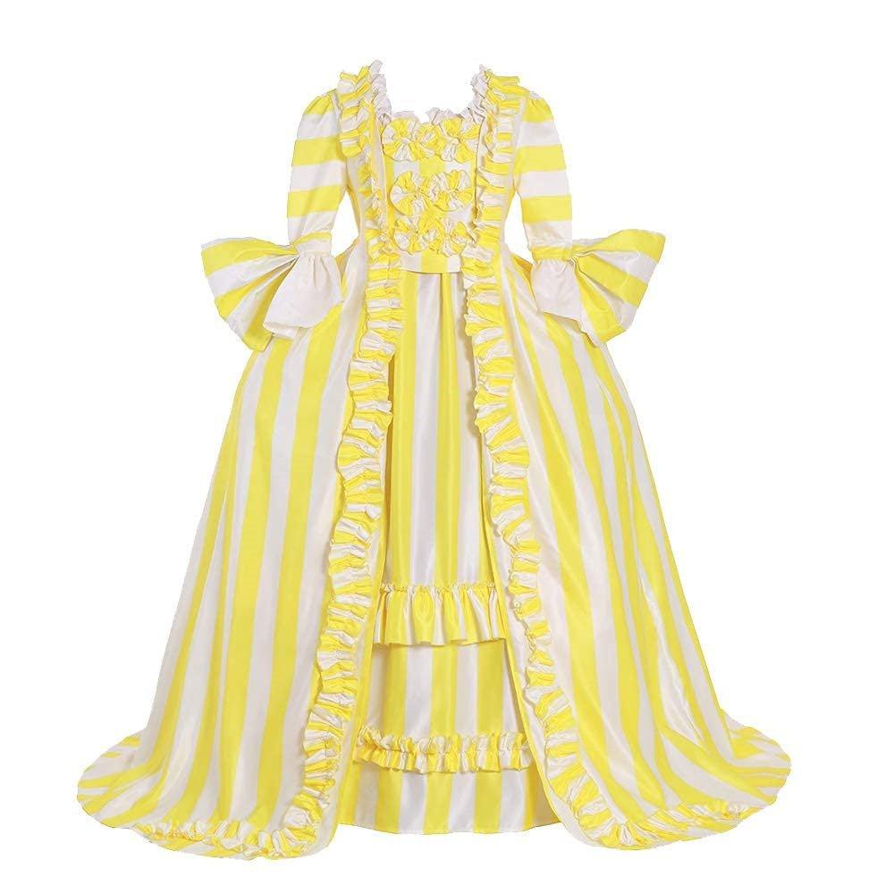 Vestido Rococó Listrado do Século 18 - Amarelo e Branco com Rendados e Pregas por Estrela do Cosplay - Estrela Cosplay