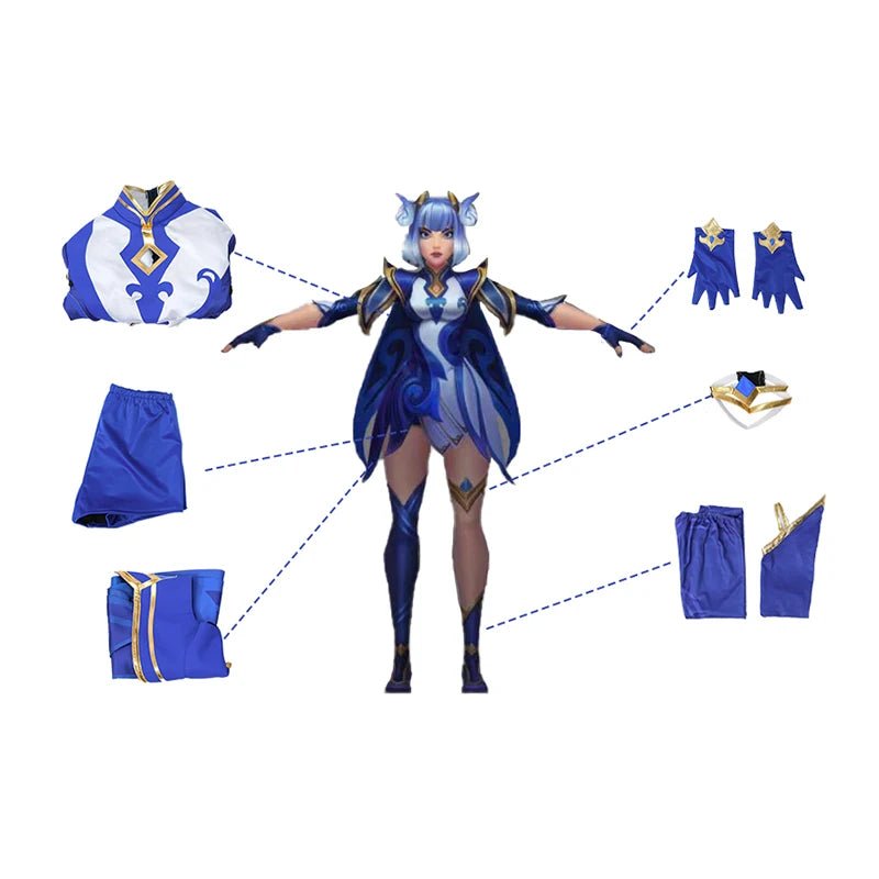 Fantasia de Cosplay Celadon Irelia do Jogo LOL - Nova Pele Irelia Mulher - Vestido Azul e Branco Conjunto Completo - Estrela Cosplay