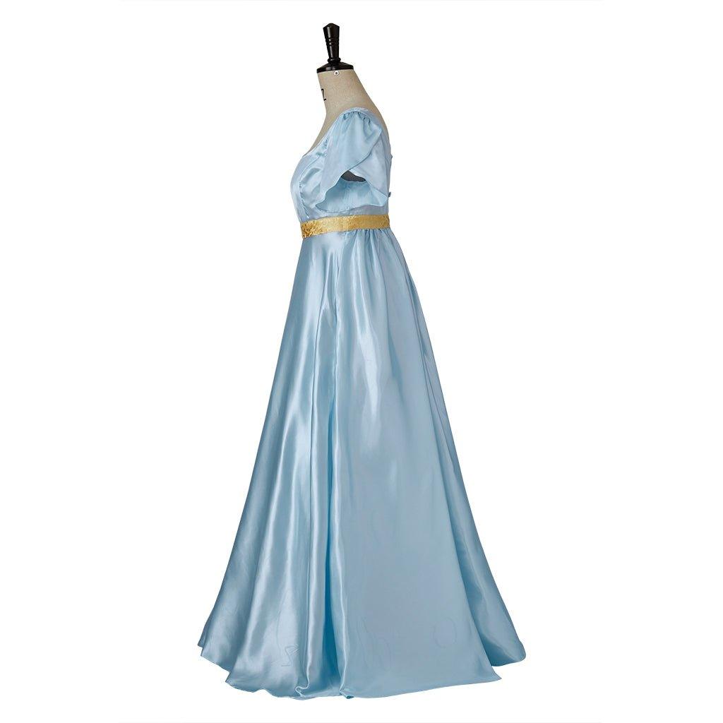 Vestido de Cosplay Regencia Medieval Bridgerton em Azul Claro com Cintura Dourada - Estrela Cosplay