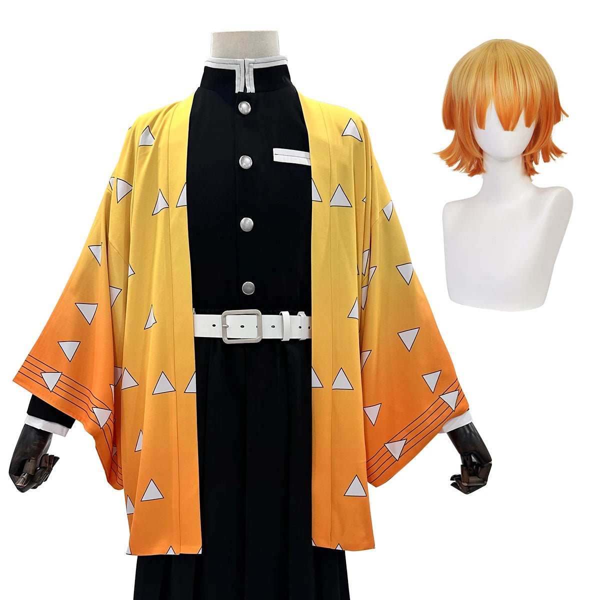 Fantasia de Cosplay Agatsuma Zenitsu de Demon Slayer - Peruca Haori Bordado Calças Elásticas Cinto Rosa Rede Presente Halloween Natal - Estrela Cosplay