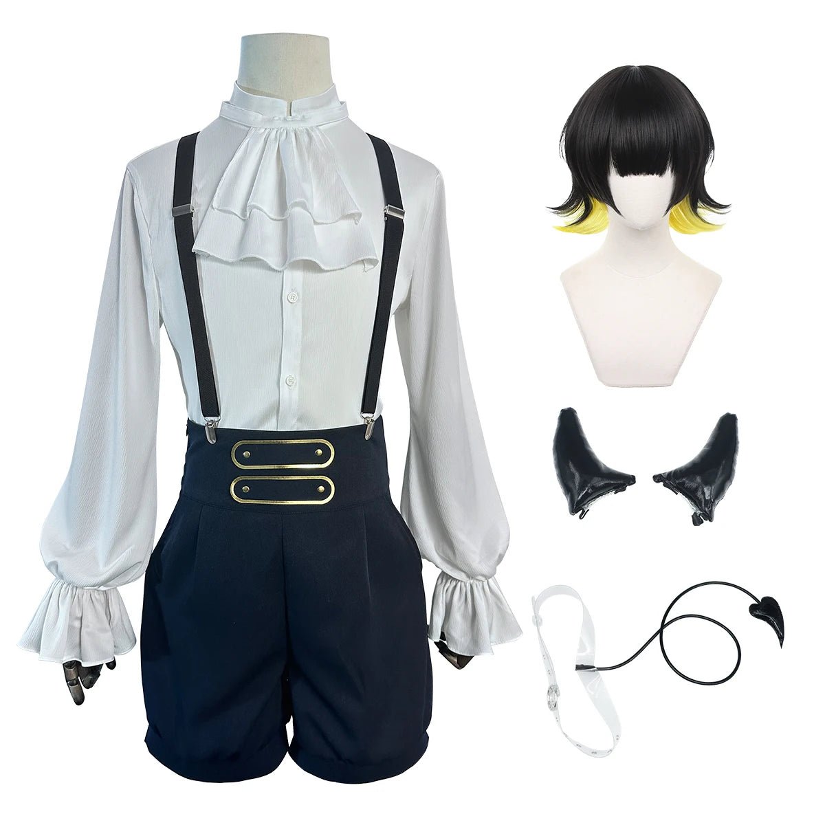 Fantasia de Cosplay de Bachira de Blue Lock Completa com Chifre do Mal, Peruca, Cauda, Camisa, Shorts e Rede de Rosas - Estrela Cosplay