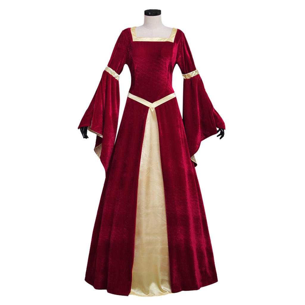 Vestido Medieval Personalizado em Veludo Vermelho Escuro com Forro Amarelo e Mangas Trombeta para Mulheres | Vestido de Casamento, Fantasia para Festa de Halloween - Estrela Cosplay