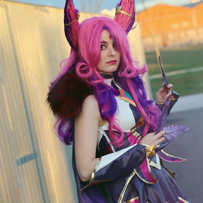 Peruca Cosplay Guardião Estelar Xayah LOL 65cm com Orelhas - Cabelo Sintético Resistente ao Calor - Estrela Cosplay