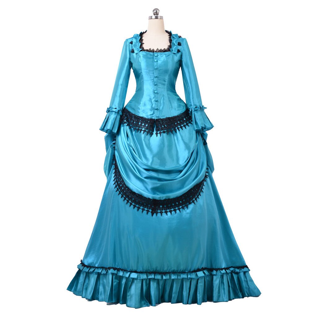 Vestido Vitoriano Azul com Bustle dos Anos 1860 | Traje de Caminhada Aristocrático Britânico | Vestido Longo Estilo Duquesa - Estrela Cosplay