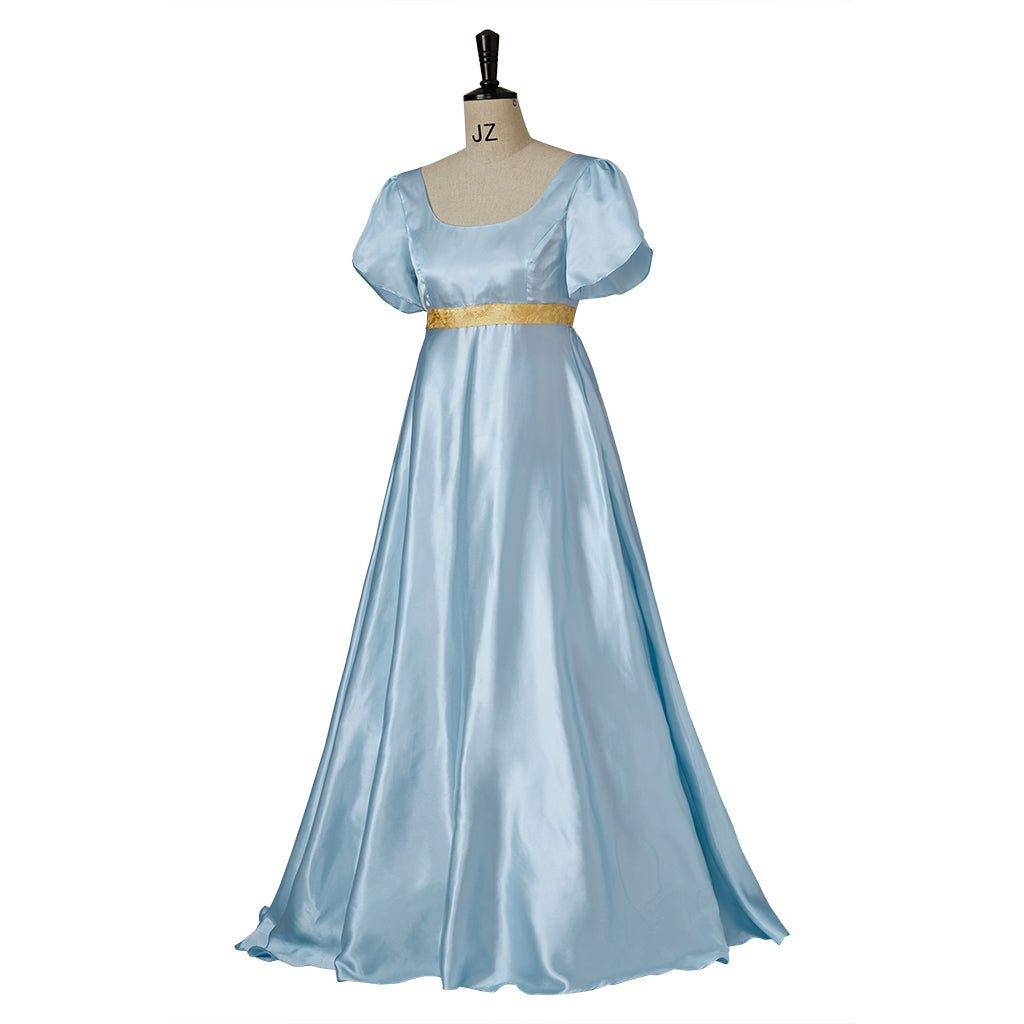 Vestido de Cosplay Regencia Medieval Bridgerton em Azul Claro com Cintura Dourada - Estrela Cosplay