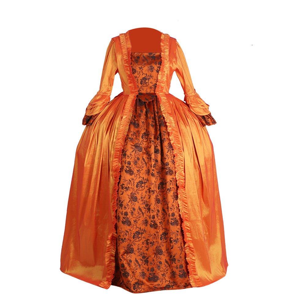 Vestido Rococo Laranja Brocado com Faixa Floral no Peito - Um Traje Medieval Vivido Inspirado por Estrela do Cosplay - Estrela Cosplay