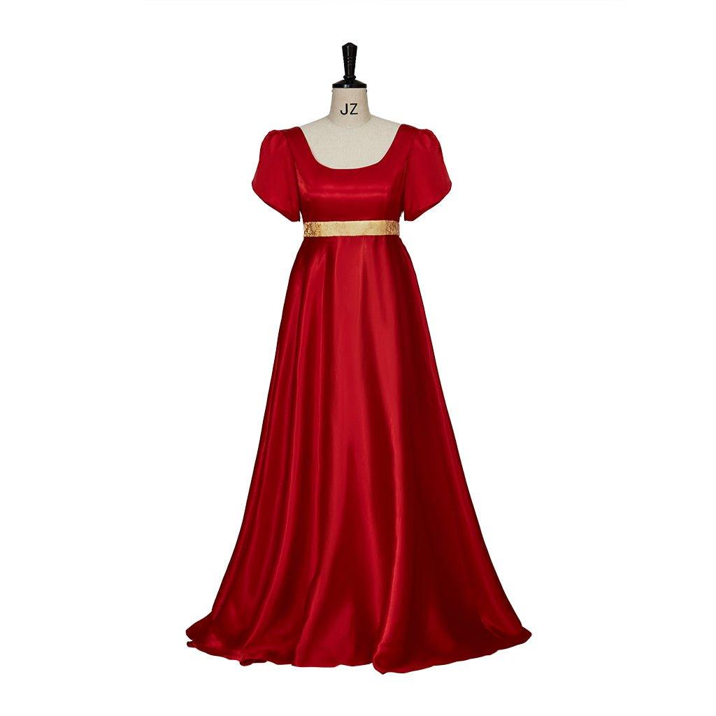 Vestido de Cosplay Império Vermelho com Cintura em Ouro | Estilo Regência - Estrela Cosplay