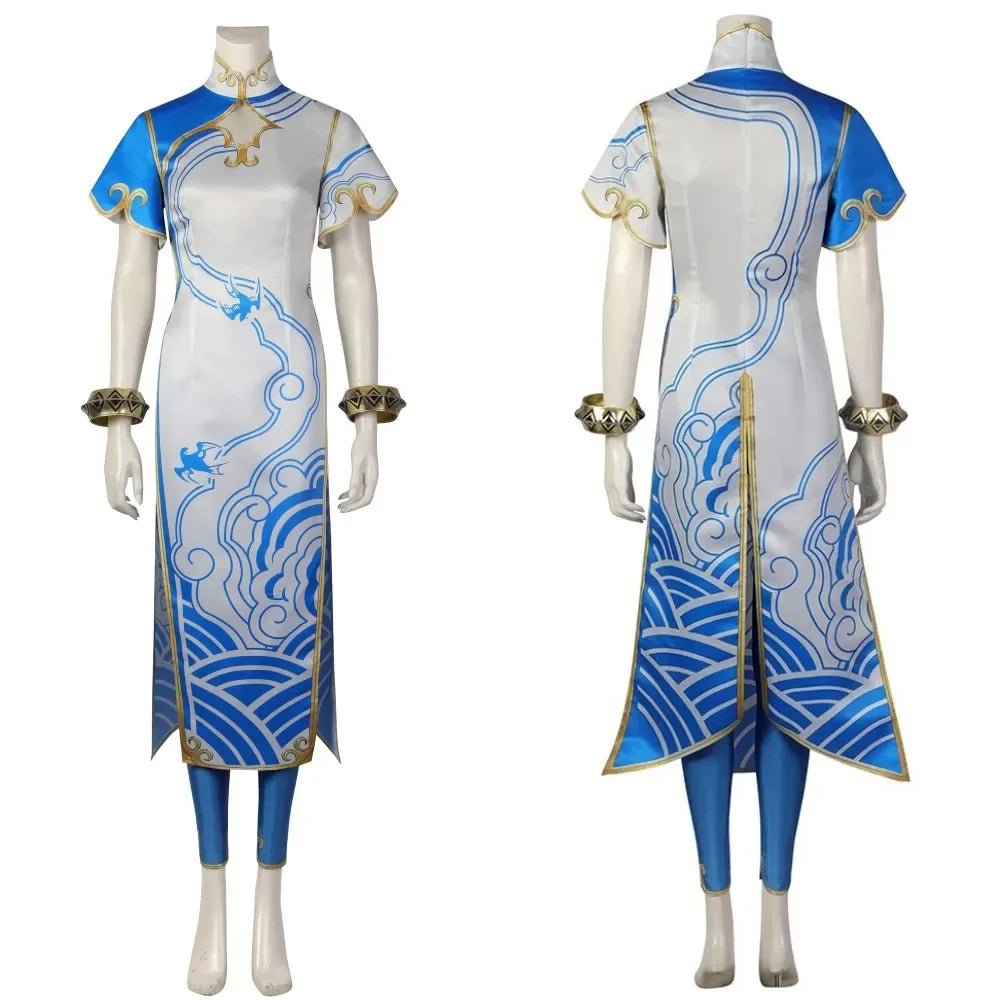 Fantasia de Cosplay Chun Li Mulher Elegante Azul Cheongsam Leggings Vestido Traje de Batalha Halloween Natal Vestido - Estrela Cosplay