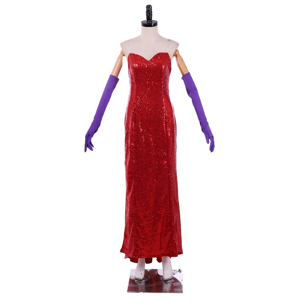 Vestido de Cosplay Vermelho com Lantejoulas de Jessica Rabbit com Fenda Alta e Luvas Roxas - Estrela Cosplay