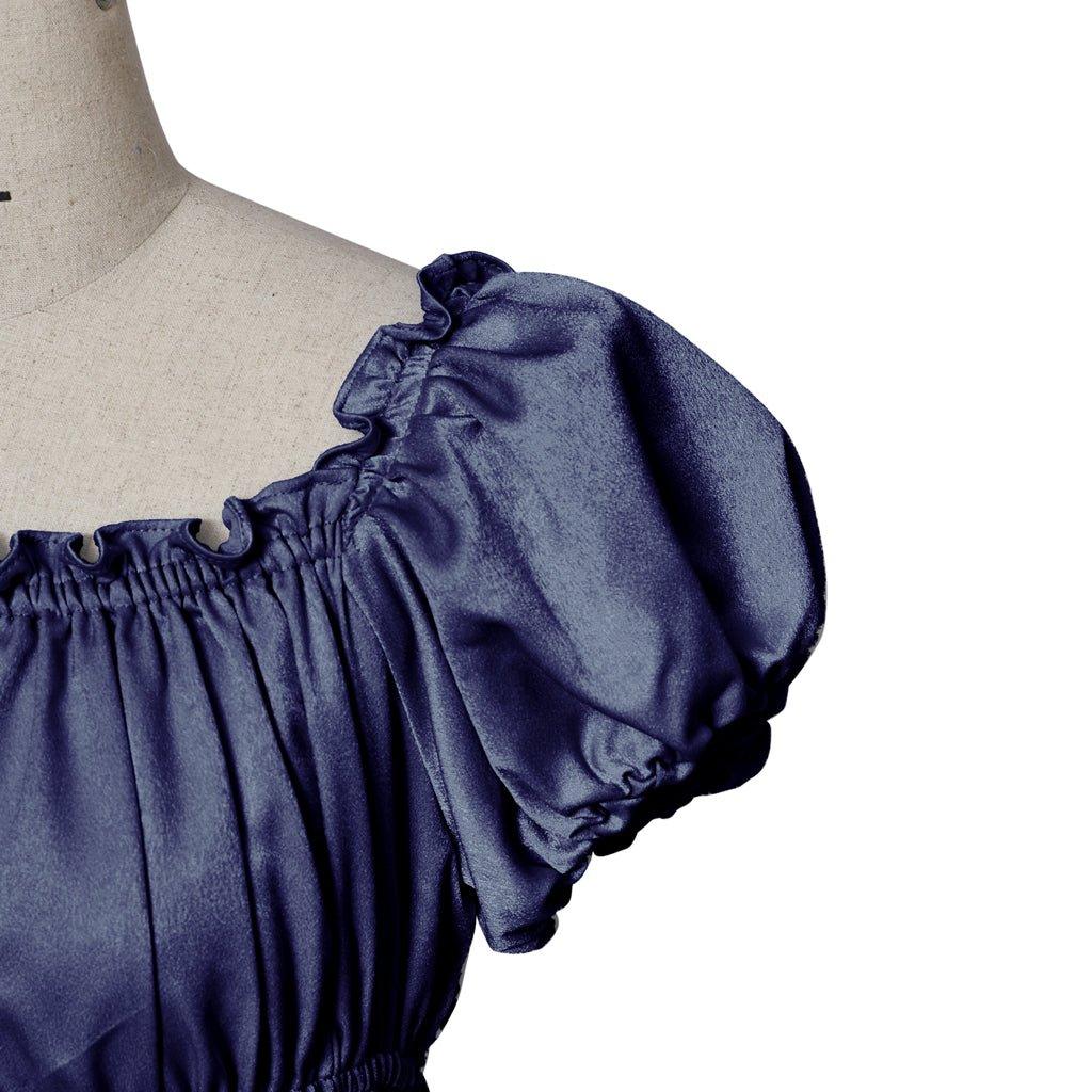 Vestido Império Medieval Tradicional - Cosplay Bridgerton em Tecido de Seda Azul Ferro - Estrela Cosplay