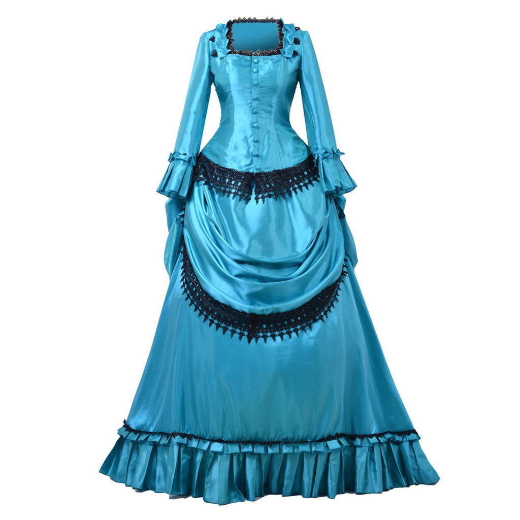 Vestido Vitoriano Azul com Bustle dos Anos 1860 | Traje de Caminhada Aristocrático Britânico | Vestido Longo Estilo Duquesa - Estrela Cosplay