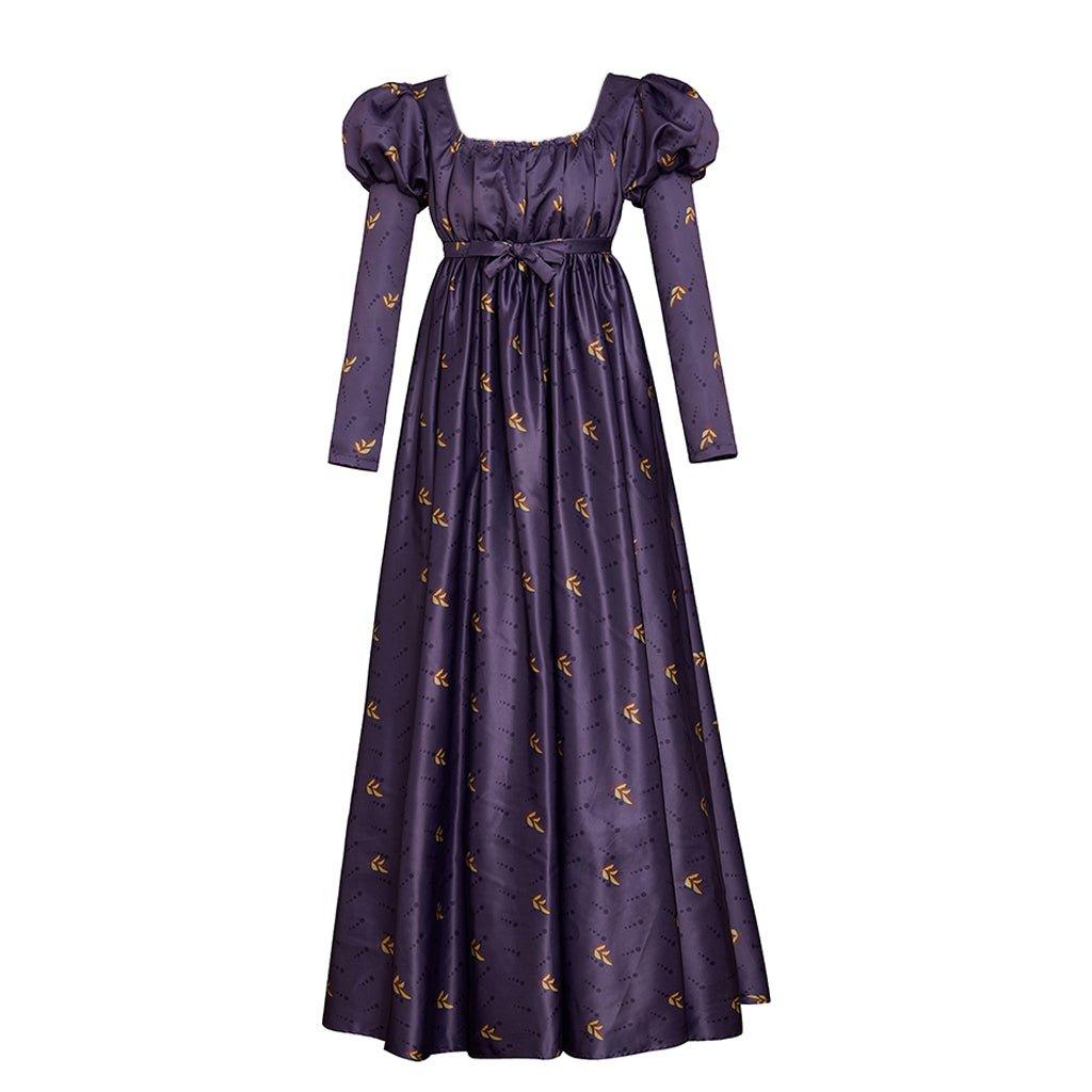 Vestido Regência Império Jane Austen Vintage Cintura Alta Vestido Festa Chá Vestido Baile Floral Roxo Mangas Bufantes - Estrela Cosplay