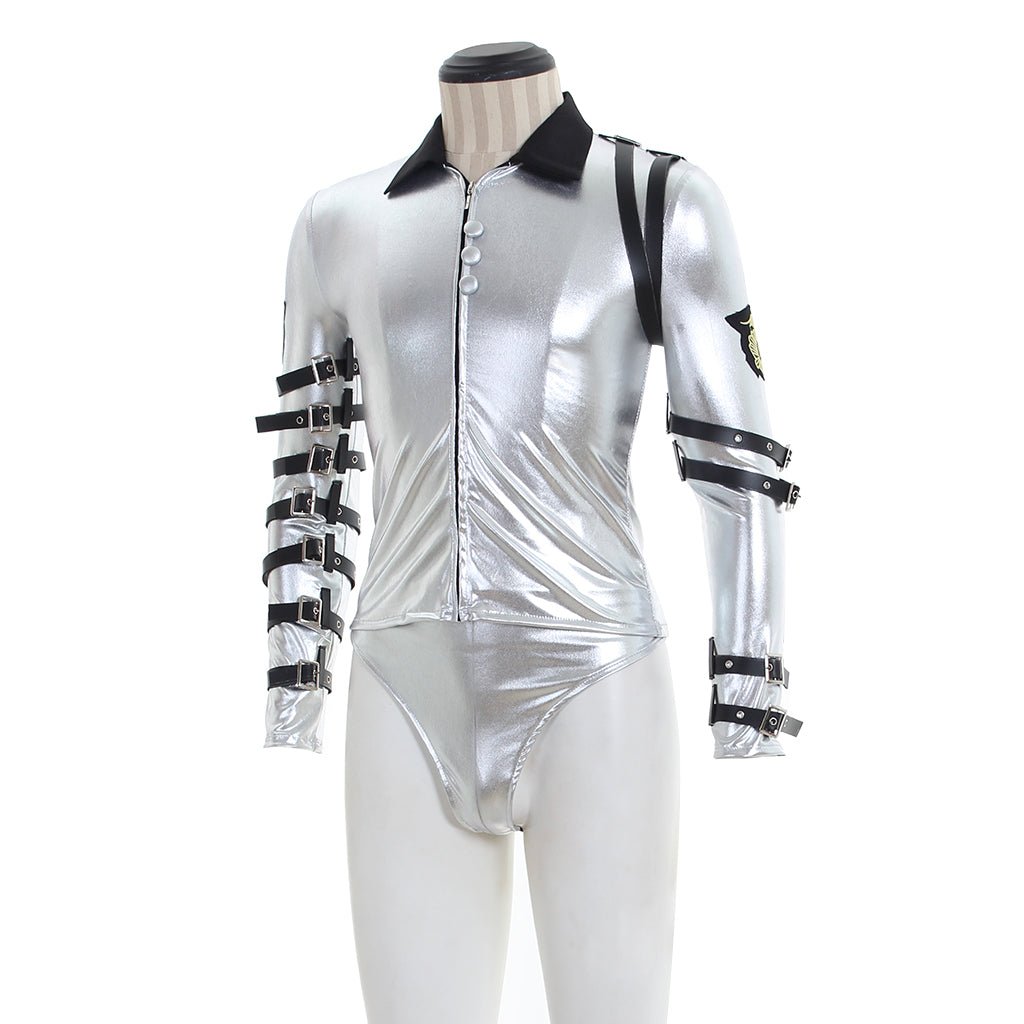 Traje Punk Michael Jackson Brilho Prateado Tour BAD - Estrela Cosplay