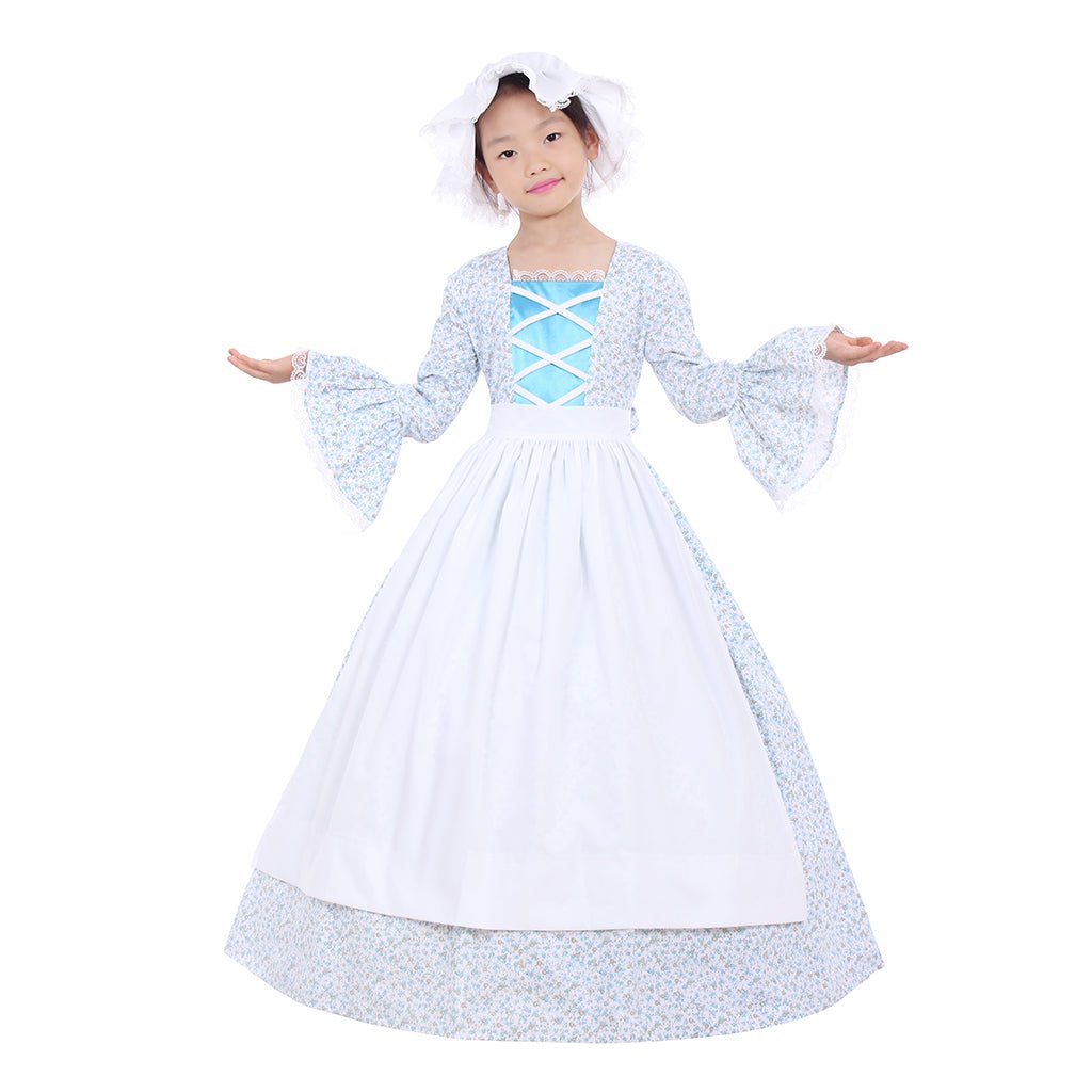 Fantasia Colonial para Meninas | Vestido Estilo Vitoriano Medieval com Chapéu e Estampa Floral para Crianças - Estrela Cosplay