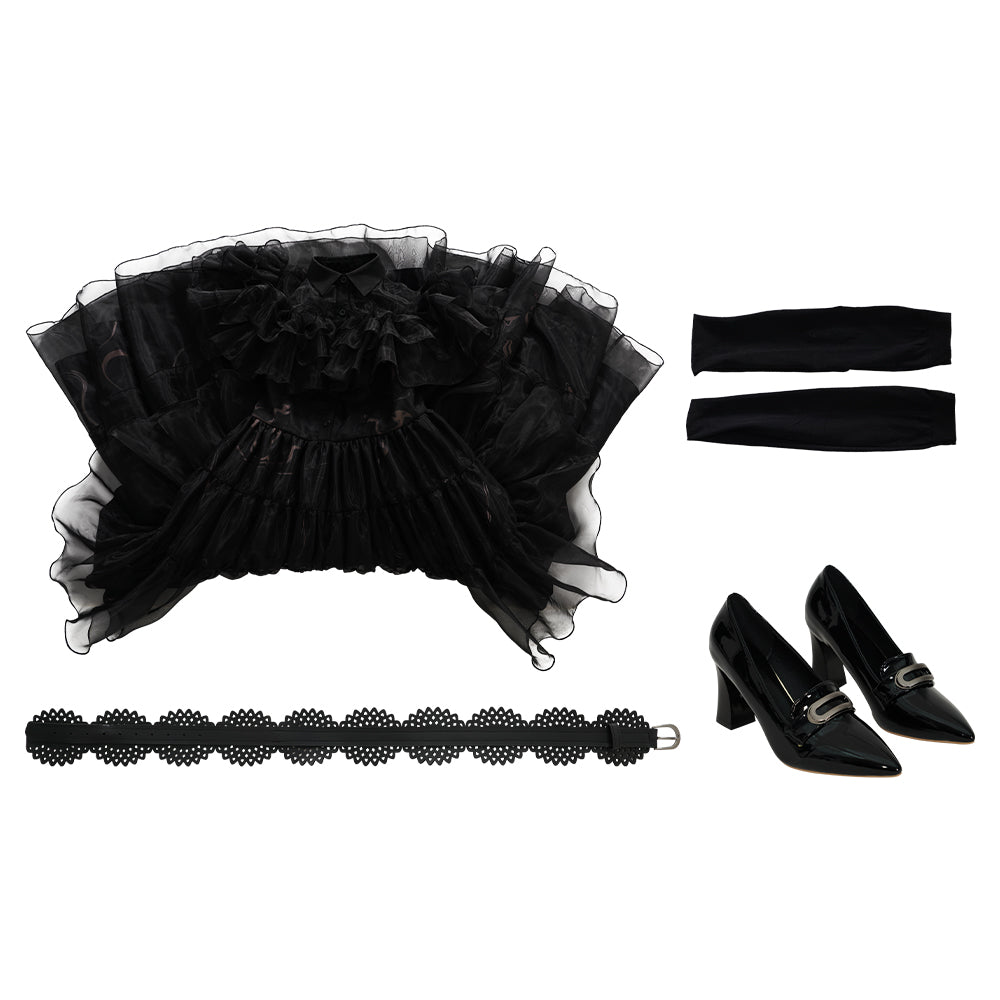 Fantasia Wednesday Addams Vestido Preto para Adultos com Sapatos - Perfeito para Halloween, Carnaval e Festas - Estrela Cosplay