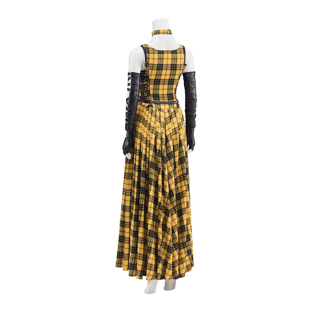 Vestido Longo Xadrez Amarelo Punk Rock com Mangas de Couro para Mulheres - Estrela Cosplay