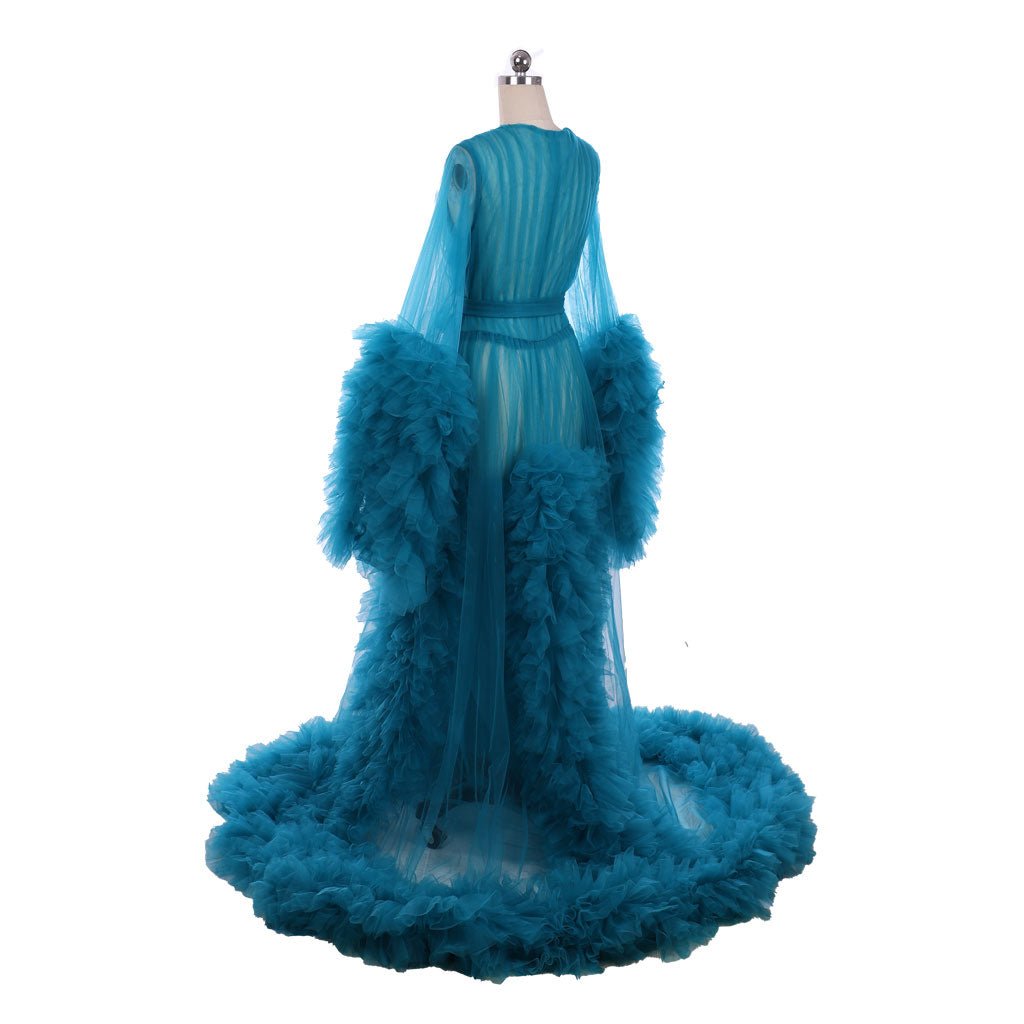 Elegante Robe de Noiva Boudoir | Vestido Longo de Tule Azul Transparente do Século 18 para Mulheres - Estrela Cosplay