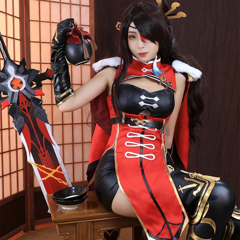 Fantasia de Beidou de Genshin Impact para Mulher - Conjunto Completo Preto e Vermelho - Estrela Cosplay