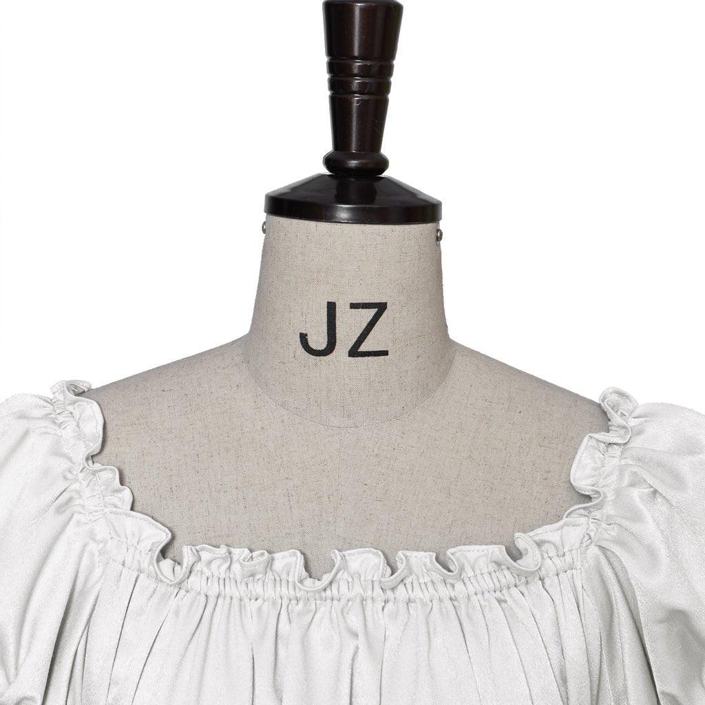 Vestido Medieval Império Tradicional - Fantasia Bridgerton em Tecido Seda Prata Branco - Estrela Cosplay