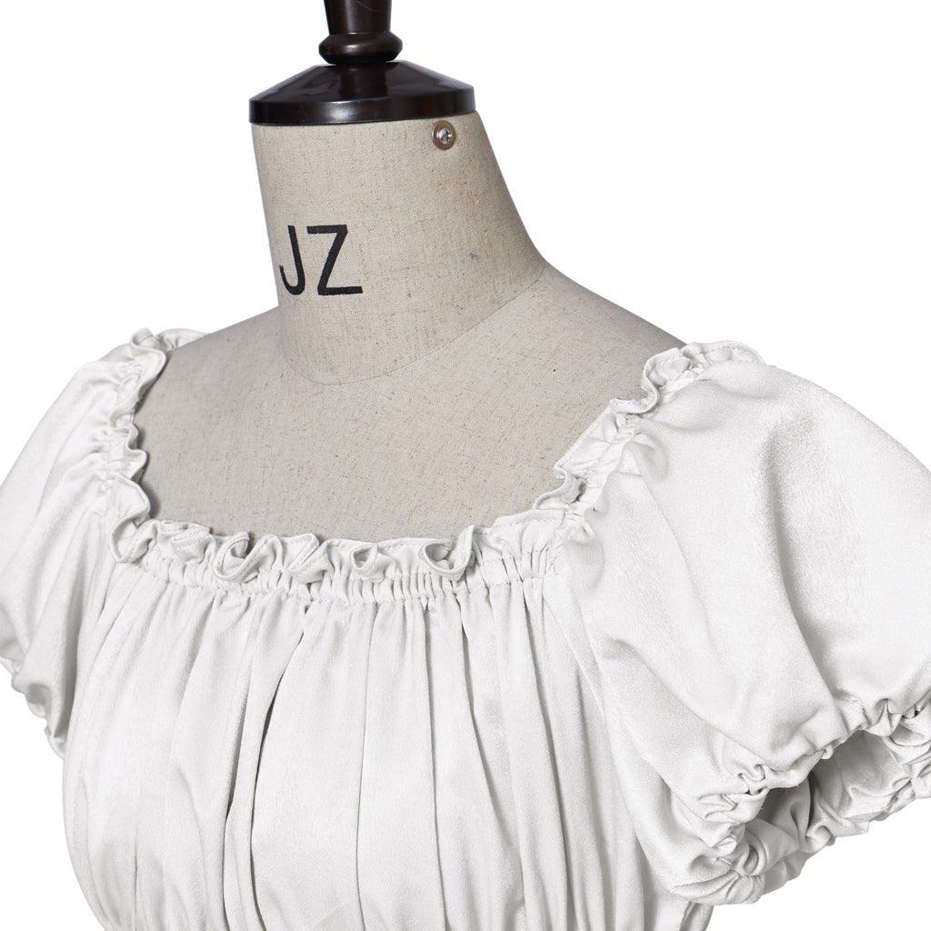 Vestido Medieval Império Tradicional - Fantasia Bridgerton em Tecido Seda Prata Branco - Estrela Cosplay