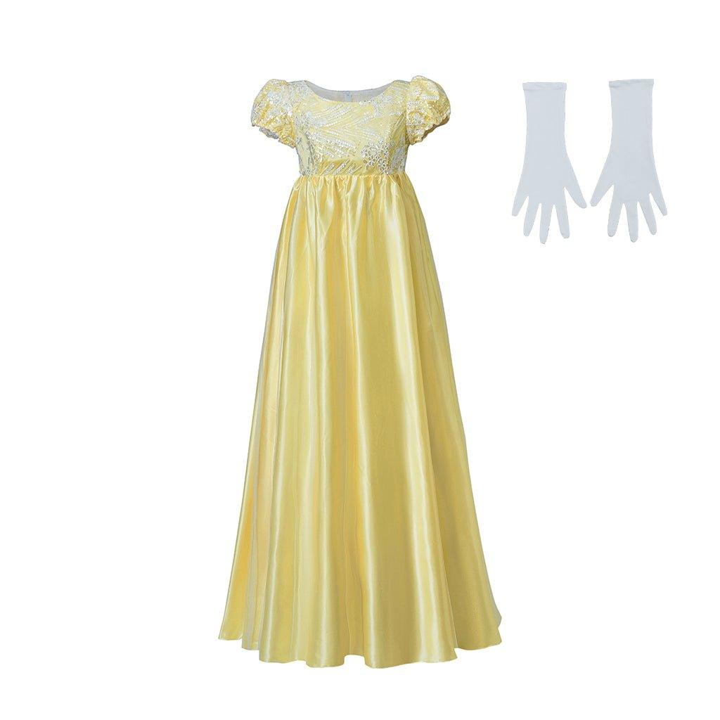 Vestido Império Amarelo Brilhante de Seda | Traje de Cosplay Estilo Regência Inspirado em Penelope Featherington - Estrela Cosplay