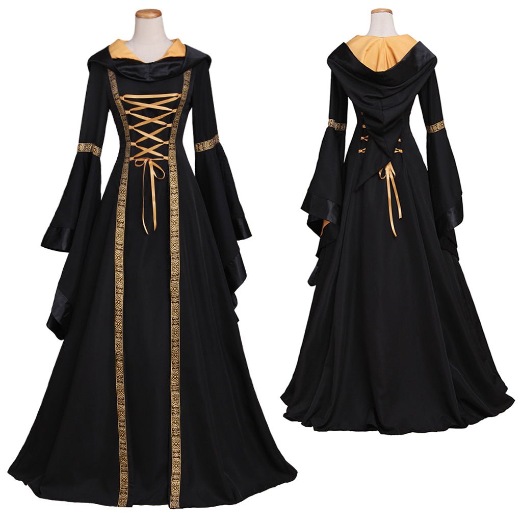 Vestido Longo Gótico Renascentista com Capuz Preto para Mulheres - Fantasia Halloween, Baile Medieval, Traje de Rainha Gótica - Feito Sob Medida - Estrela Cosplay