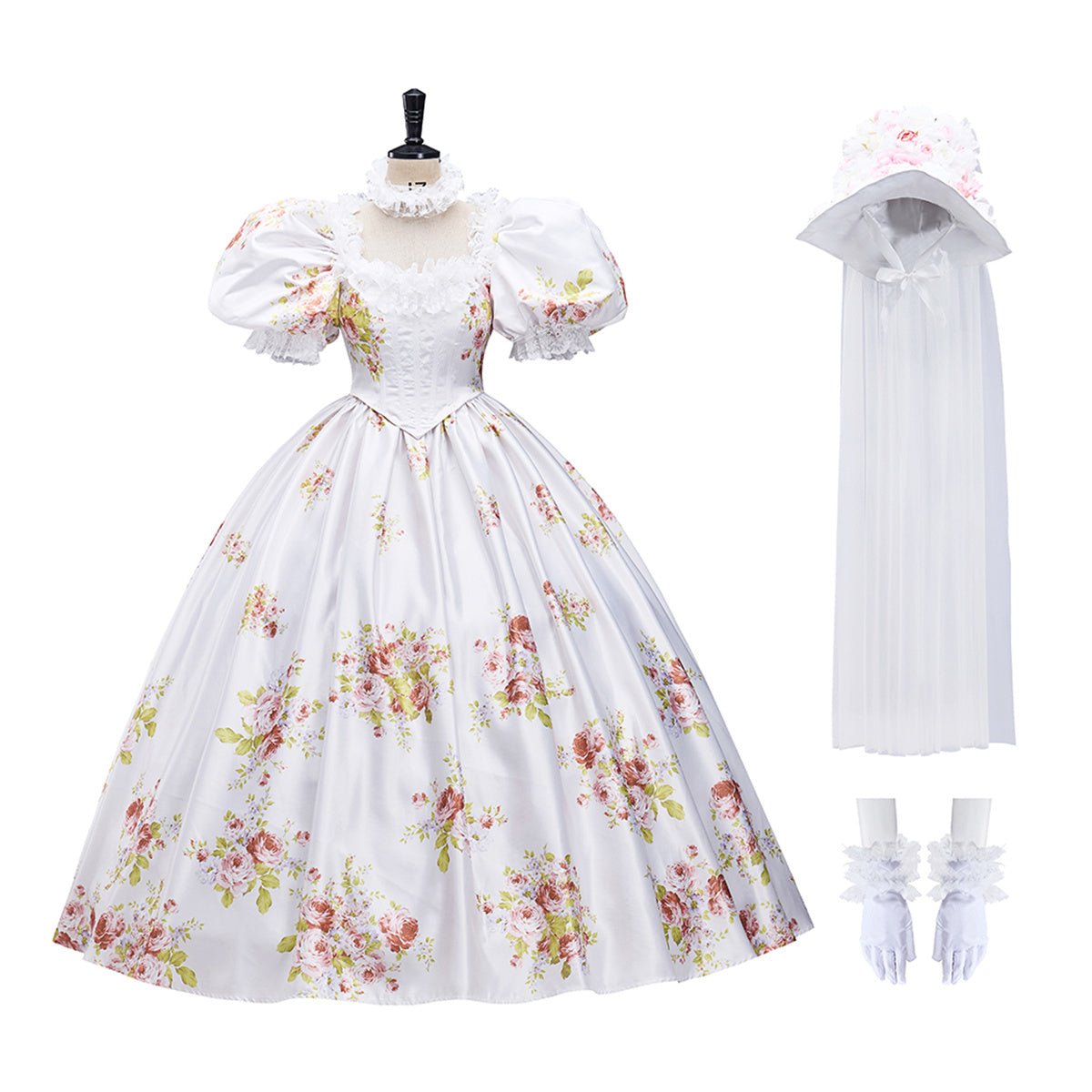 Vestido de Festa Marfim com Flores e Mangas Bufantes - Vestido Elegante para Cosplay e Eventos Formais - Comprimento no Chão - Estrela Cosplay