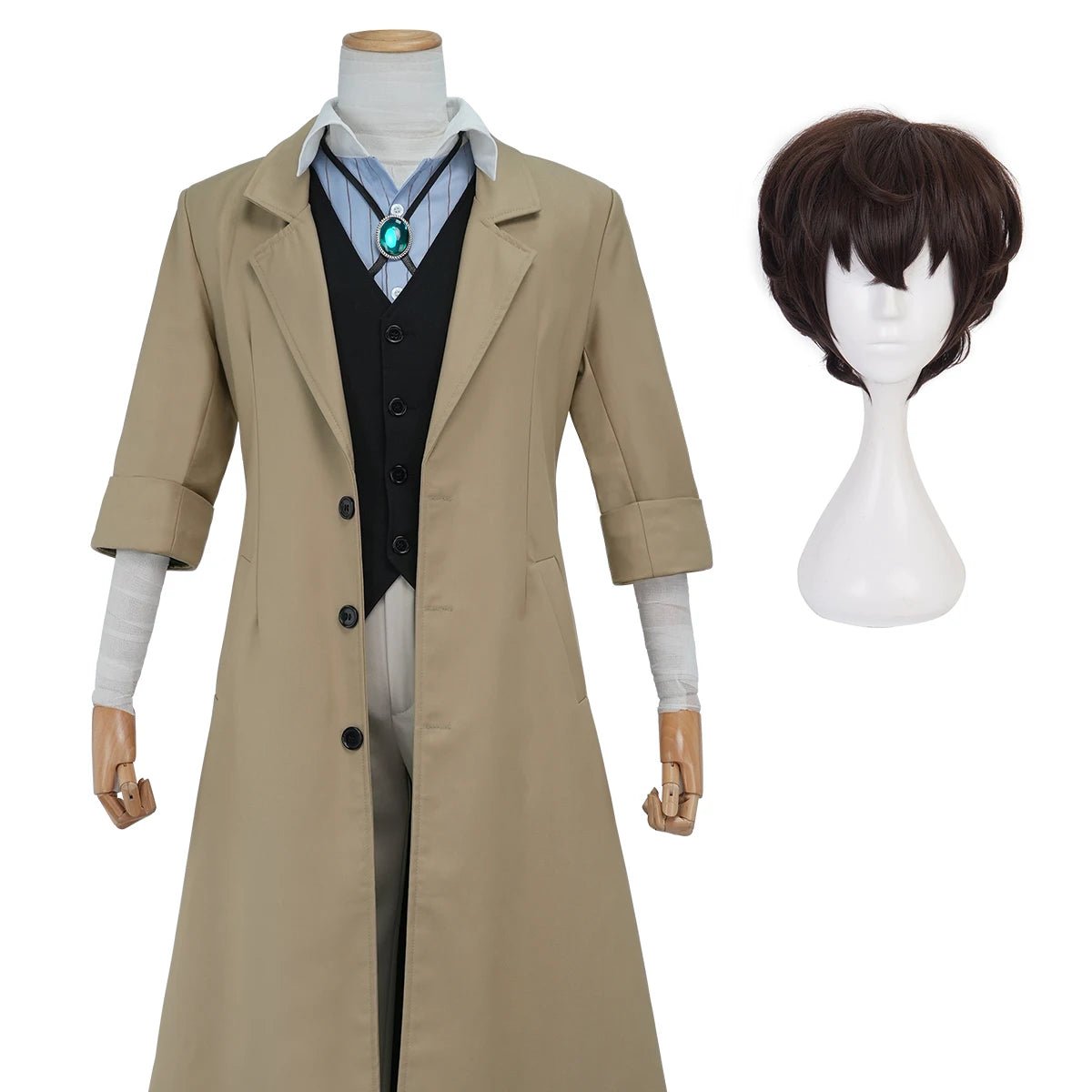 Fantasia de Cosplay Dazai Osamu de Bungo Stray Dogs - Peruca, Casaco Trench, Camisa, Calça e Pendente - Estrela Cosplay
