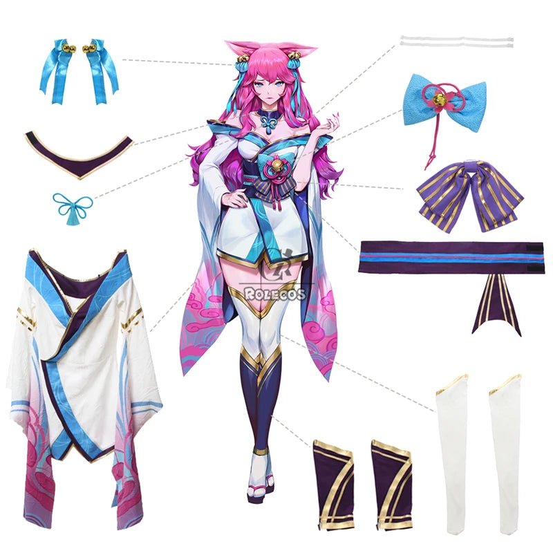Fantasia de Ahri Spirit Blossom de LOL - Conjunto Completo de Kimono Feminino e Peruca - Estrela Cosplay