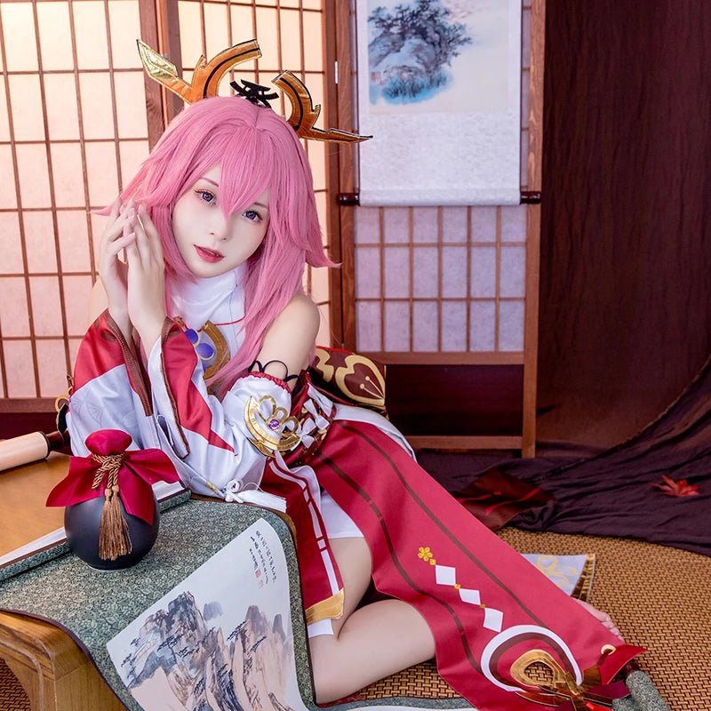 Fantasia de Cosplay Yae Miko de Genshin Impact - Traje de Yae Guuji para Mulheres, Conjunto Completo com Chapéu para Halloween - Estrela Cosplay