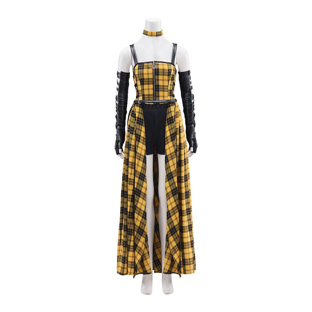 Vestido Longo Xadrez Amarelo Punk Rock com Mangas de Couro para Mulheres - Estrela Cosplay