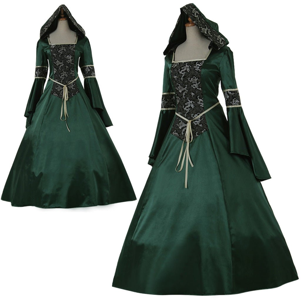 Vestido Elegante Medieval Mangas Compridas Vitoriano Aristocrata Verde Profundo para Casamento Carnaval Festa Personalizado - Estrela Cosplay
