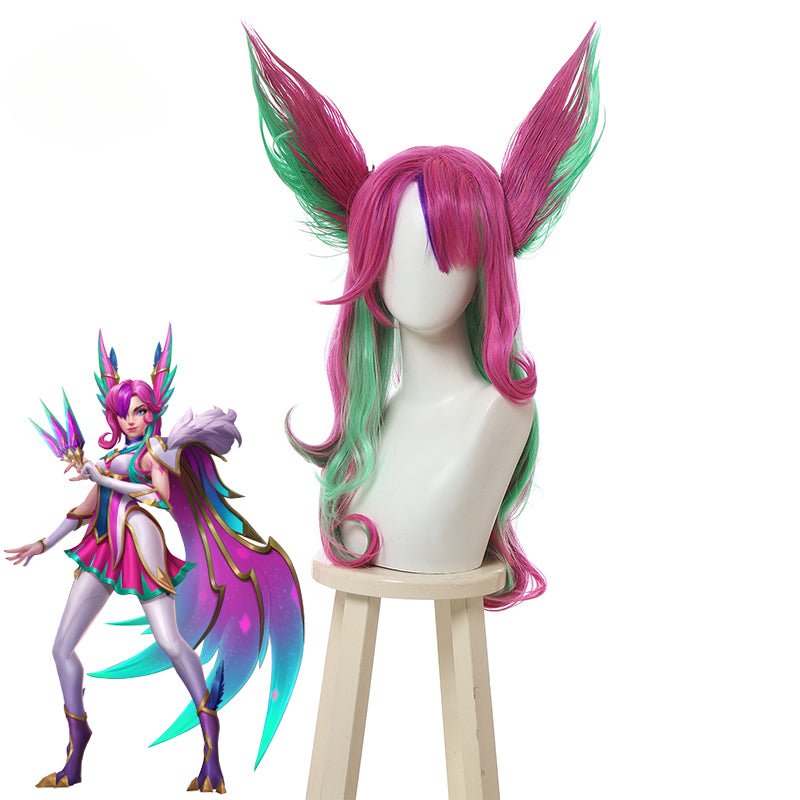 Peruca de Cosplay LOL Guardião Estelar Xayah 65cm Multicolor para Mulheres com Orelhas Cabelo Sintético Resistente ao Calor - Estrela Cosplay