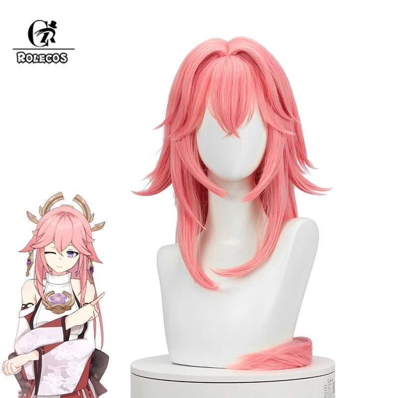 Peruca Genshin Impact Yae Guuji 80cm Rosa Lisa - Peruca Yae Miko Cabelo Sintético Resistente ao Calor - Estrela Cosplay