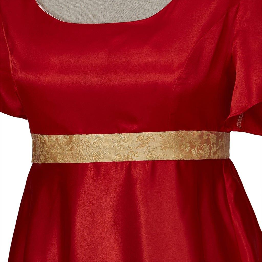 Vestido de Cosplay Império Vermelho com Cintura em Ouro | Estilo Regência - Estrela Cosplay