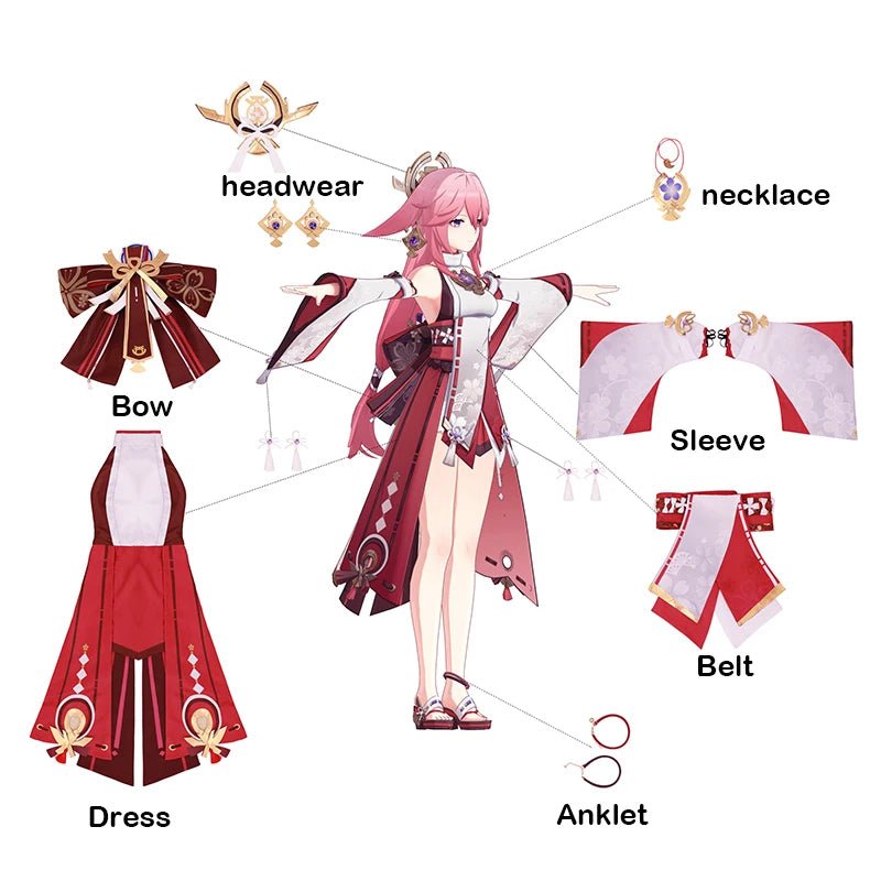 Fantasia de Cosplay Yae Miko de Genshin Impact - Traje de Yae Guuji para Mulheres, Conjunto Completo com Chapéu para Halloween - Estrela Cosplay