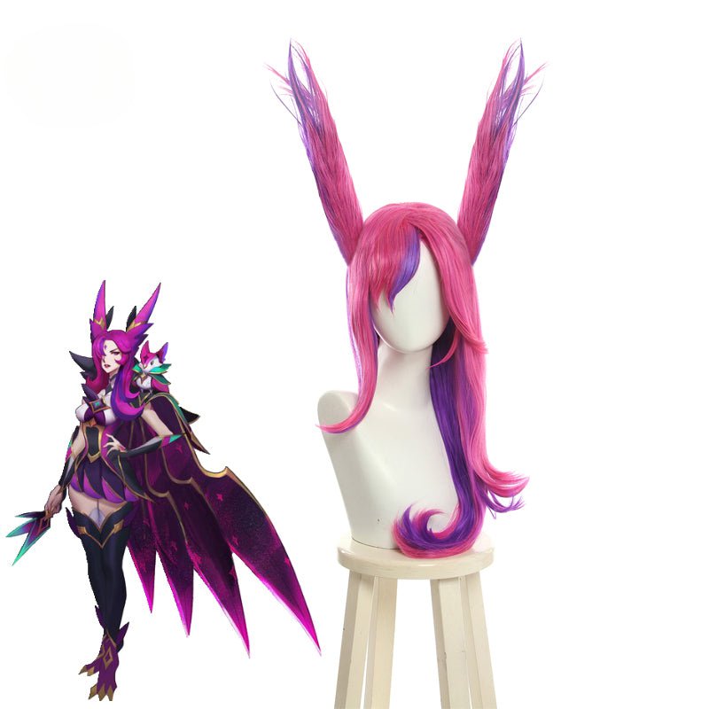 Peruca Cosplay Guardião Estelar Xayah LOL 65cm com Orelhas - Cabelo Sintético Resistente ao Calor - Estrela Cosplay