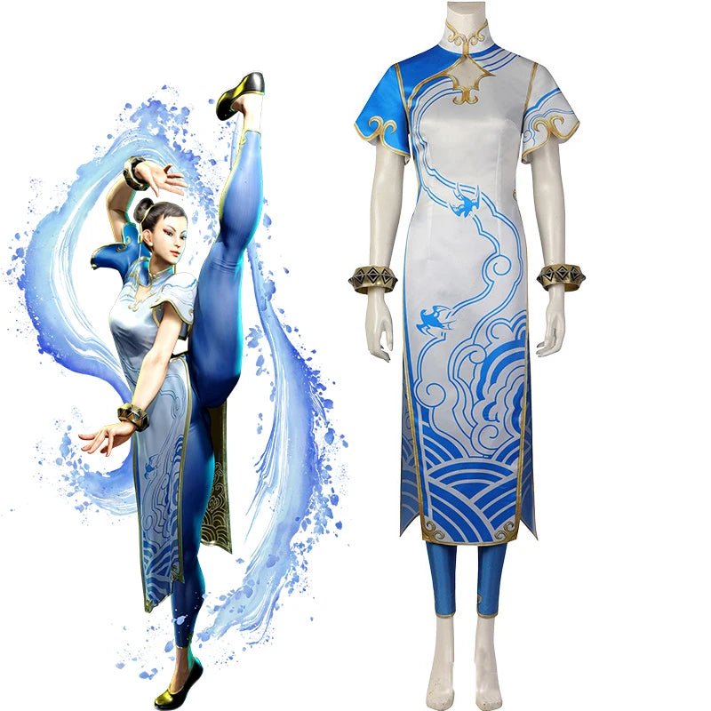 Fantasia de Cosplay Chun Li Mulher Elegante Azul Cheongsam Leggings Vestido Traje de Batalha Halloween Natal Vestido - Estrela Cosplay