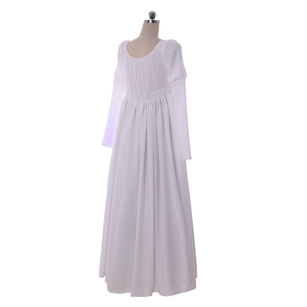 Elegante Vestido Regência Branco para Mulheres - Estilo Clássico Jane Austen, Vestido de Baile com Cintura Alta, Traje Medieval para Casamento - Estrela Cosplay