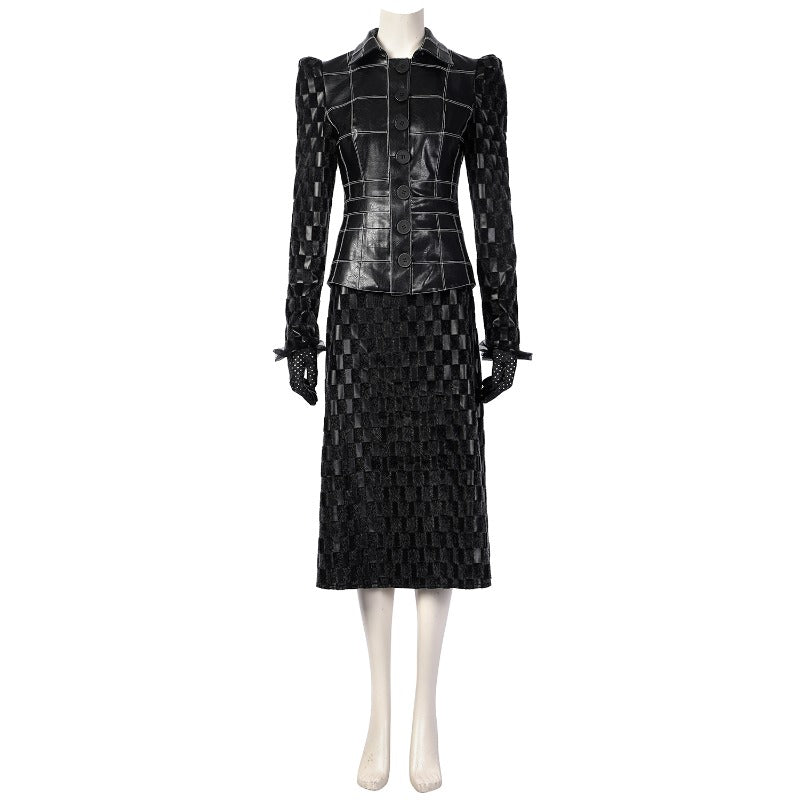 Fantasia Cruella Deville Halloween Mulher Vestido com Jaqueta de Couro Preta e Peruca - Estrela Cosplay