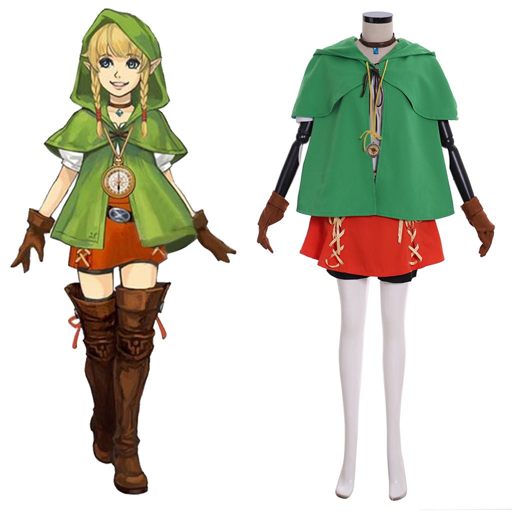Fantasia de Elfa Linkle Conjunto Completo com Capa Verde, Camisa, Calça e Saia - Estrela Cosplay