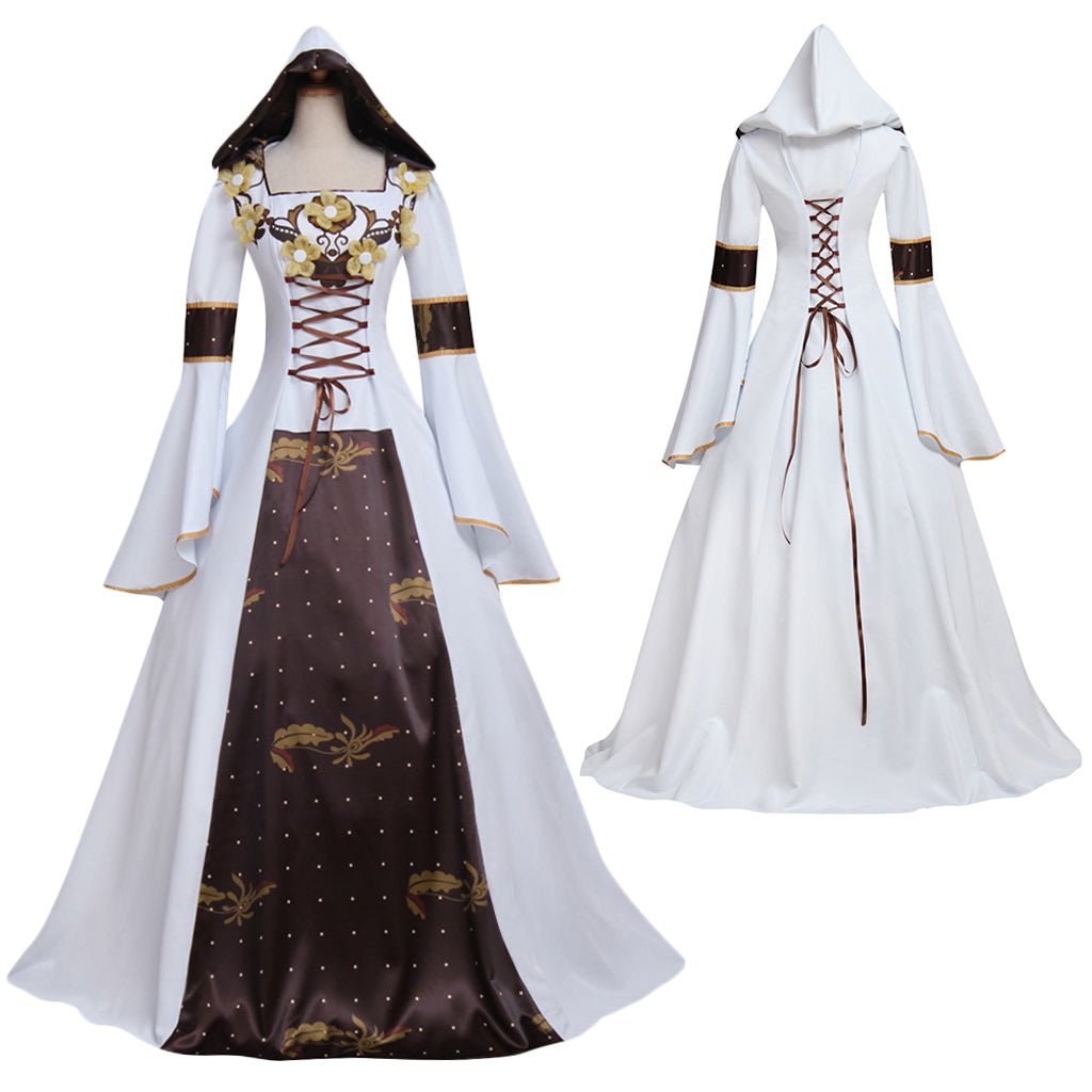 Vestido de Casamento Medieval Vitoriano Renascença Gótica com Capuz Floral - Estrela Cosplay