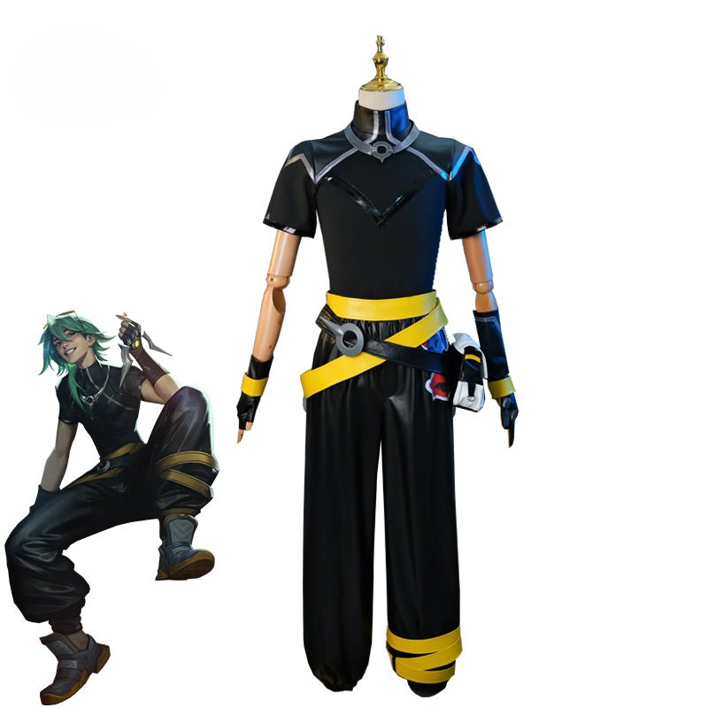 Fantasia de Cosplay HEARTSTEEL Ezreal do Jogo LOL - Terno Preto Unissex Conjunto Completo com Óculos para Halloween - Estrela Cosplay