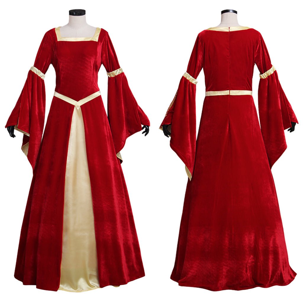 Vestido Medieval de Veludo Vermelho e Amarelo com Mangas Trompete | Traje para Casamentos e Festas Temáticas - Estrela Cosplay
