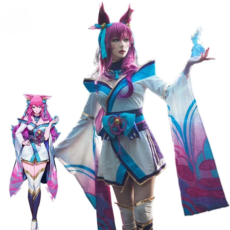 Fantasia de Ahri Spirit Blossom de LOL - Conjunto Completo de Kimono Feminino e Peruca - Estrela Cosplay