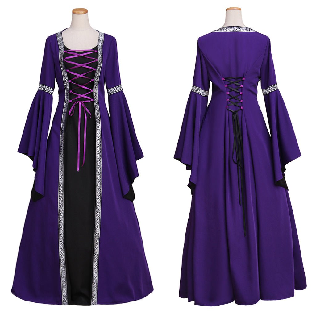 Vestido Gótico Medieval Vitoriano Roxo Vestido de Baile Mangas de Trombeta Longas Fantasia Cosplay para Festa de Carnaval - Estrela Cosplay